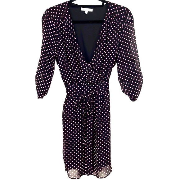 DR2 Dresses & Skirts - DR2 Wrap Polka Dot Sheer Lined Dress Black Pink Size Small